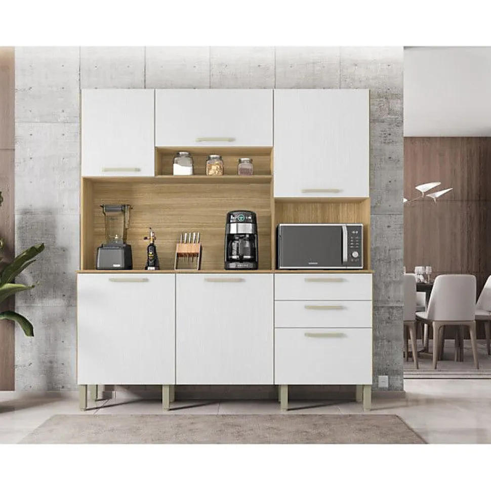 Buffet de Cuisine 6 Portes 2 Tiroirs Chêne et Blanc L 180.2 H 198 P 38.8 cm - L 180.2 x l 38.8 x H 198 cm