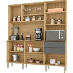 Buffet de Cuisine 6 Portes 2 Tiroirs Chêne et Gris L 180.2 H 198 P 38.8 cm - L 180.2 x l 38.8 x H 198 cm