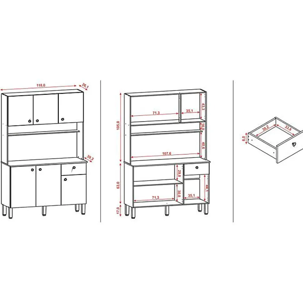Buffet de Cuisine 6 Portes 1 Tiroir Chêne et Blanc 7 Niches L 111 H 185 P 39.3 cm - L 111 x l 39.3 x H 185 cm