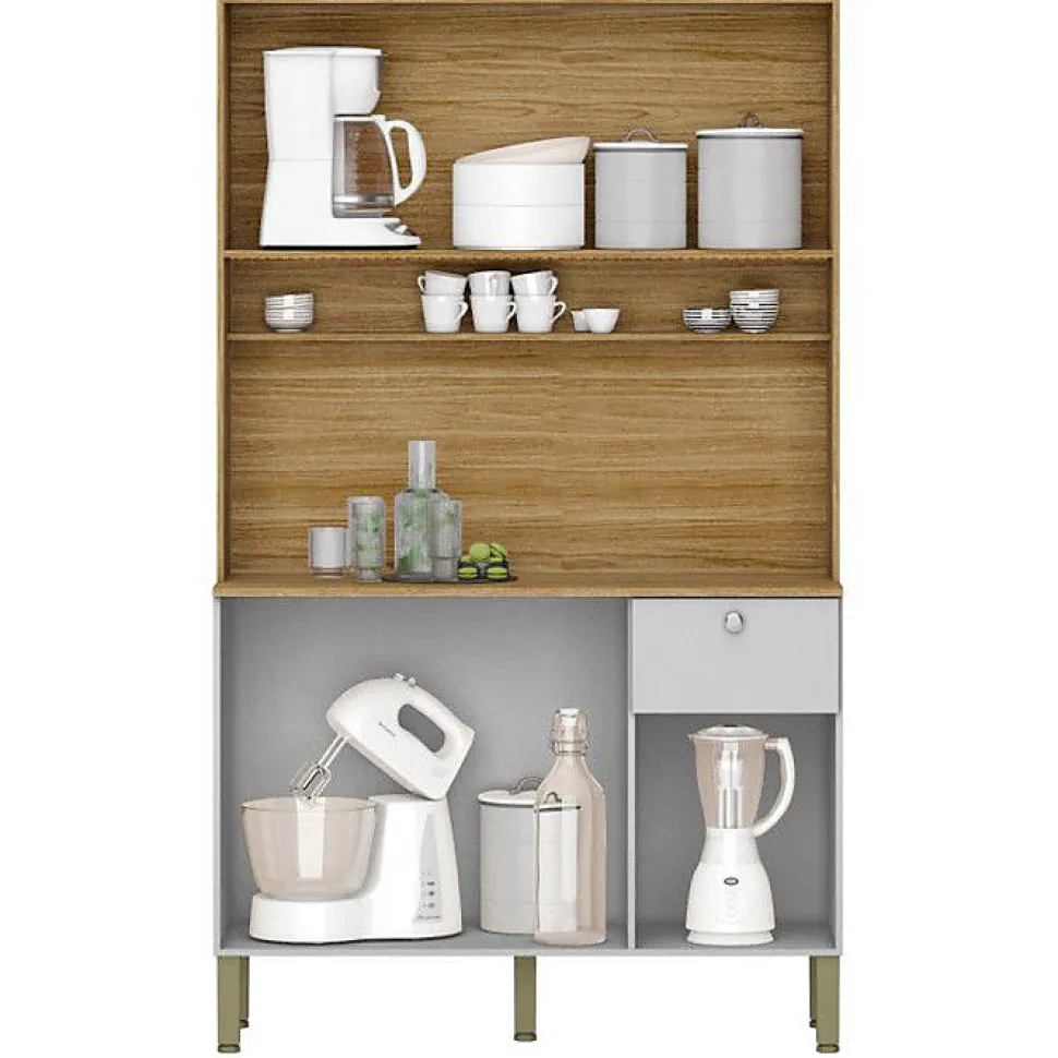 Buffet de Cuisine 6 Portes 1 Tiroir Chêne et Blanc 7 Niches L 111 H 185 P 39.3 cm - L 111 x l 39.3 x H 185 cm
