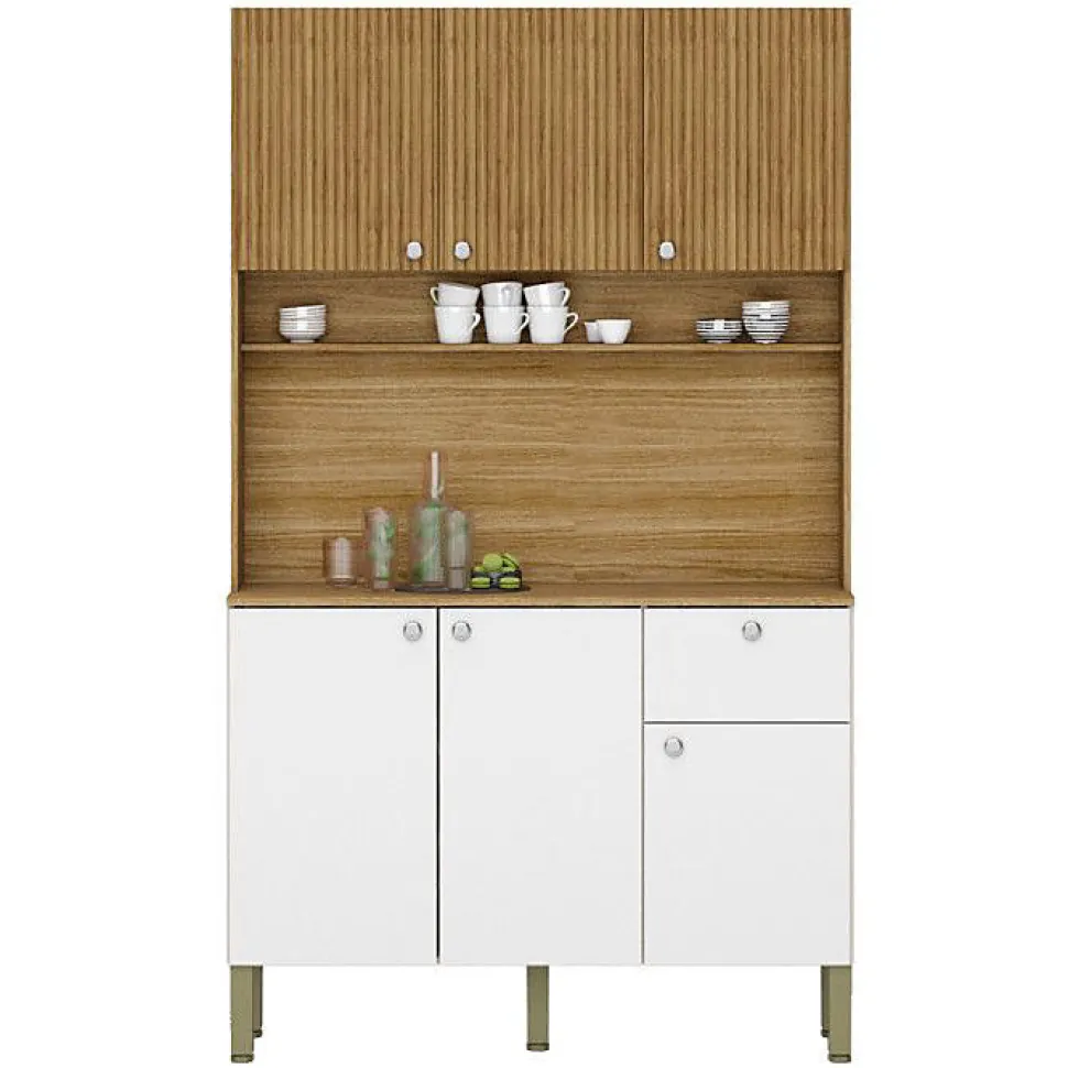 Buffet de Cuisine 6 Portes 1 Tiroir Chêne et Blanc 7 Niches L 111 H 185 P 39.3 cm - L 111 x l 39.3 x H 185 cm