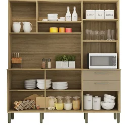 Buffet de Cuisine 6 Portes 2 Tiroirs Chêne et Taupe L 180.2 H 198 P 38.8 cm - L 180.2 x l 38.8 x H 198 cm