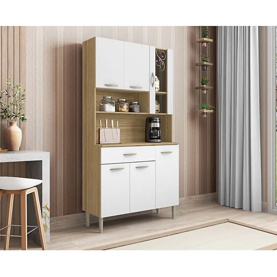 Buffet de Cuisine 6 Portes 1 Tiroir Chêne et Blanc L 90.9 H 173.5 P 36.3 cm - L 90.9 x l 36.3 x H 173.5 cm