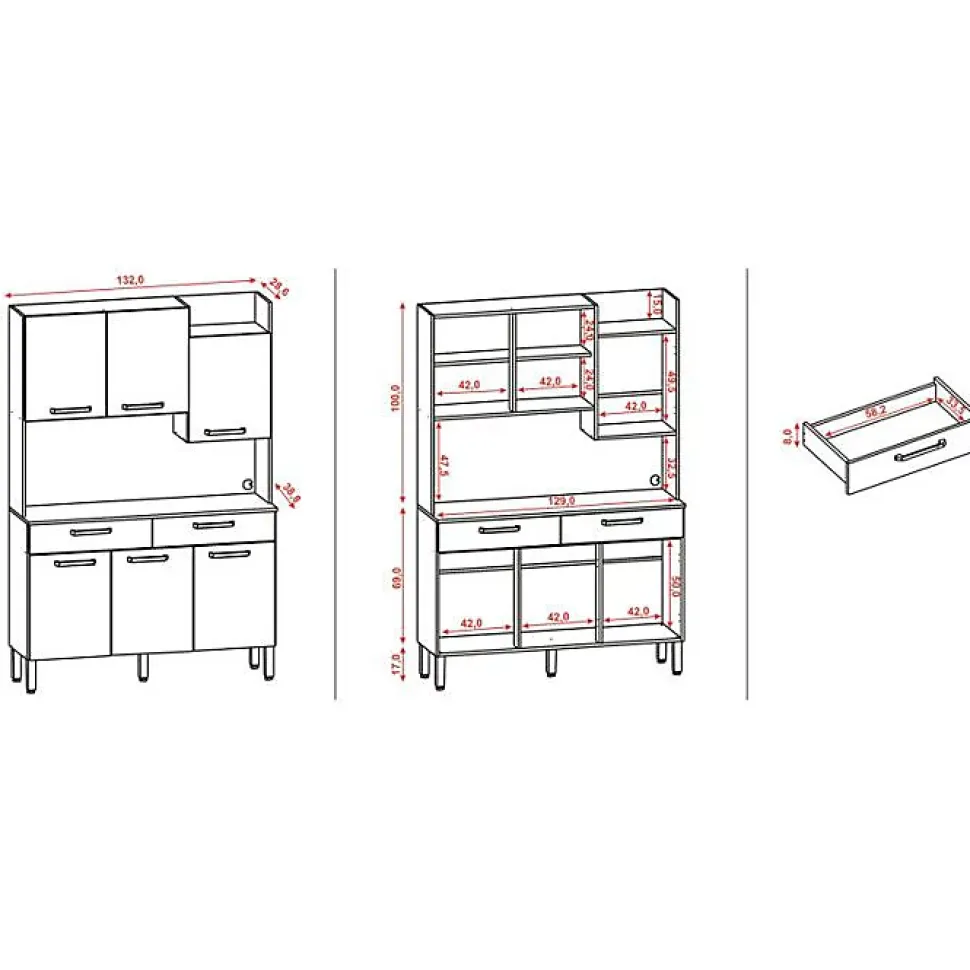 Buffet de Cuisine 6 Portes 2 Tiroirs Chêne Taupe 10 Niches L 132 H 186 P 38.8 cm - L 132 x l 38.8 x H 186 cm