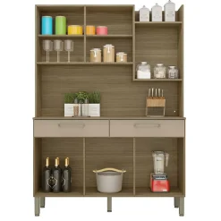 Buffet de Cuisine 6 Portes 2 Tiroirs Chêne Taupe 10 Niches L 132 H 186 P 38.8 cm - L 132 x l 38.8 x H 186 cm