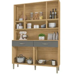 Buffet de Cuisine 8 Portes 2 Tiroirs Chêne et Gris L 121.4 H 173.5 P 36.3 cm - L 121.4 x l 36.3 x H 173.5 cm