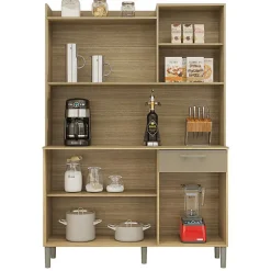 Buffet de Cuisine 6 Portes 1 Tiroir Chêne et Taupe L 121.5 H 176 P 36.3 cm - L 121.5 x l 36.3 x H 176 cm