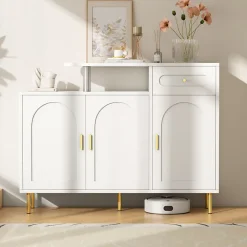 Buffet de Cuisine 3 Portes et Tiroir, Pieds Métalliques, Meuble de Rangement pour Salon Moderne - Blanc 120x35x92 cm