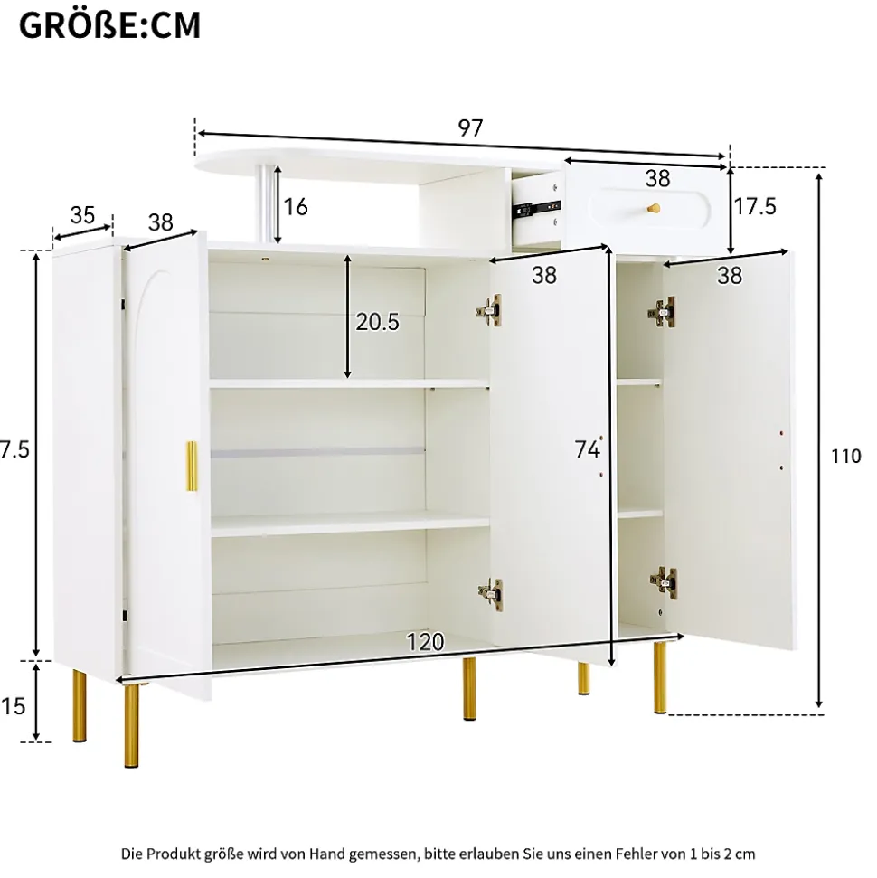 Buffet de Cuisine 3 Portes et Tiroir, Pieds Métalliques, Meuble de Rangement pour Salon Moderne - Blanc 120x35x92 cm