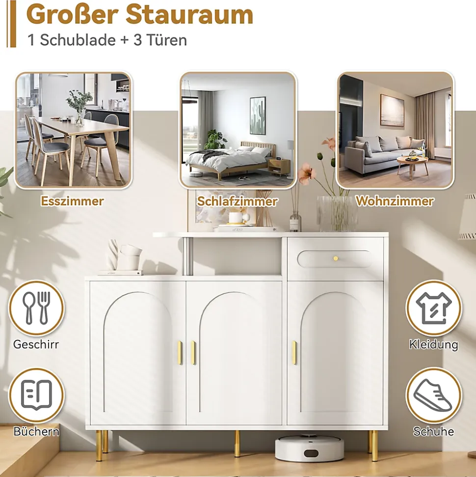Buffet de Cuisine 3 Portes et Tiroir, Pieds Métalliques, Meuble de Rangement pour Salon Moderne - Blanc 120x35x92 cm