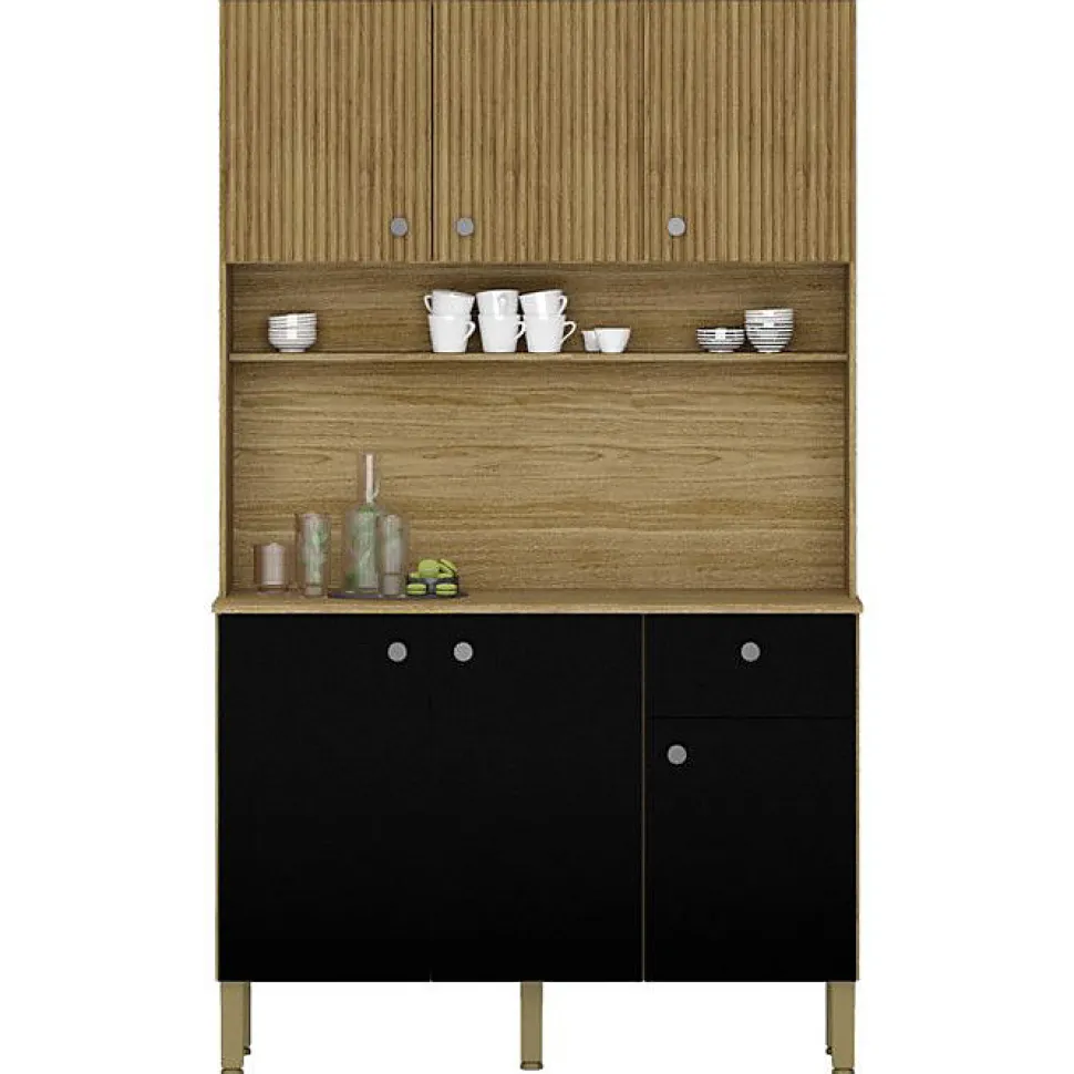 Buffet de Cuisine - STYLE - 6 Portes - 1 Tiroir - Imitation Bois Exotique - Noir
