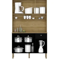 Buffet de Cuisine - STYLE - 6 Portes - 1 Tiroir - Imitation Bois Exotique - Noir