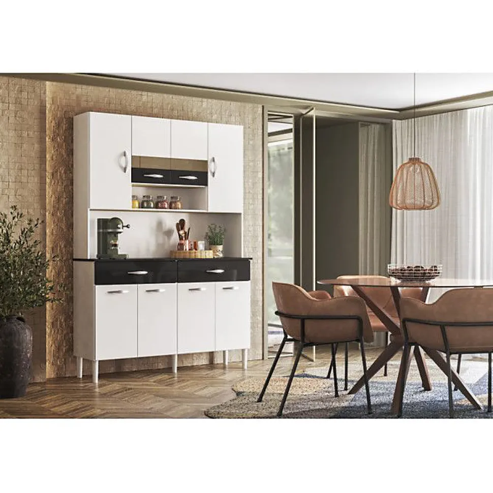 Buffet de Cuisine - Vogue - 8 Portes - 2 Tiroirs - 9 Niches - Blanc et Noir - L 122.5 cm H 176 cm
