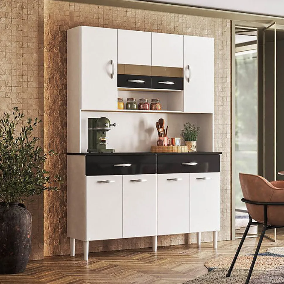 Buffet de Cuisine - Vogue - 8 Portes - 2 Tiroirs - 9 Niches - Blanc et Noir - L 122.5 cm H 176 cm