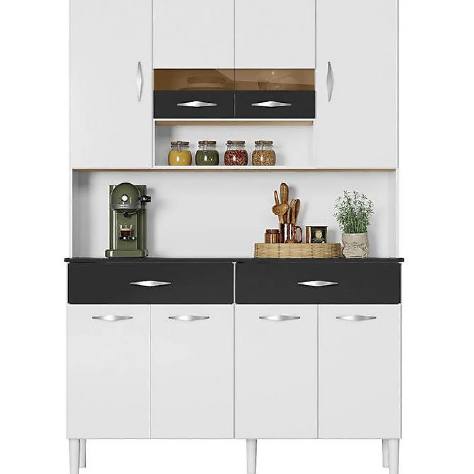 Buffet de Cuisine - Vogue - 8 Portes - 2 Tiroirs - 9 Niches - Blanc et Noir - L 122.5 cm H 176 cm