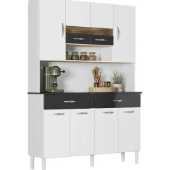 Buffet de Cuisine - Vogue - 8 Portes - 2 Tiroirs - 9 Niches - Blanc et Noir - L 122.5 cm H 176 cm