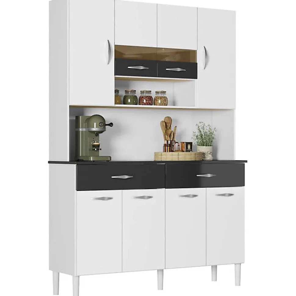 Buffet de Cuisine - Vogue - 8 Portes - 2 Tiroirs - 9 Niches - Blanc et Noir - L 122.5 cm H 176 cm