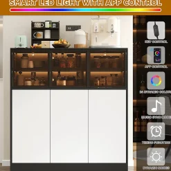 Buffet de Cuisine avec Éclairage LED Réglable et 3 Portes en Verre - Meuble de Rangement - Panneaux de Particules - Blanc/Noir