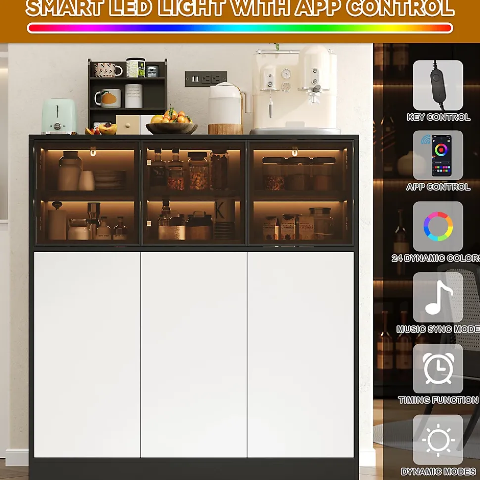 Buffet de Cuisine avec Éclairage LED Réglable et 3 Portes en Verre - Meuble de Rangement - Panneaux de Particules - Blanc/Noir