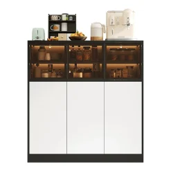 Buffet de Cuisine avec Éclairage LED Réglable et 3 Portes en Verre - Meuble de Rangement - Panneaux de Particules - Blanc/Noir