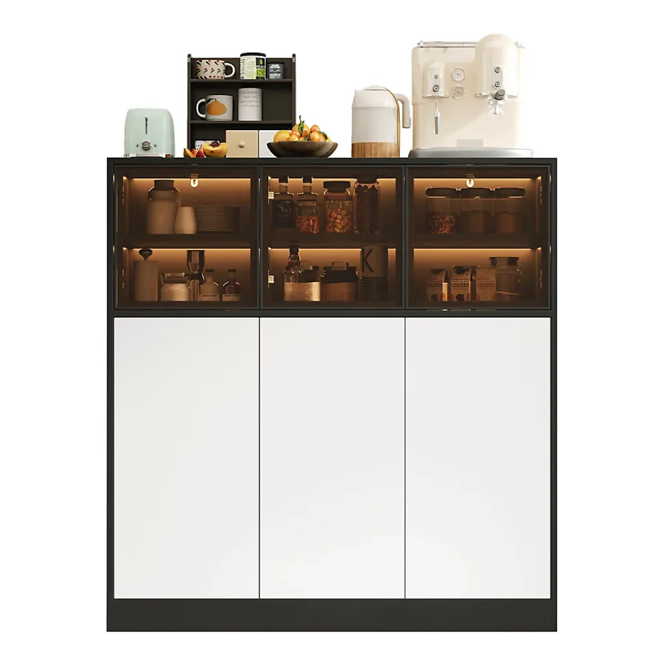 Buffet de Cuisine avec Éclairage LED Réglable et 3 Portes en Verre - Meuble de Rangement - Panneaux de Particules - Blanc/Noir