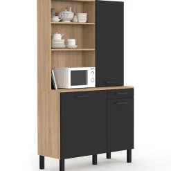 Buffet de cuisine avec colonne de rangement 100 CM CINA 3 portes + tiroir façon hêtre et noir
