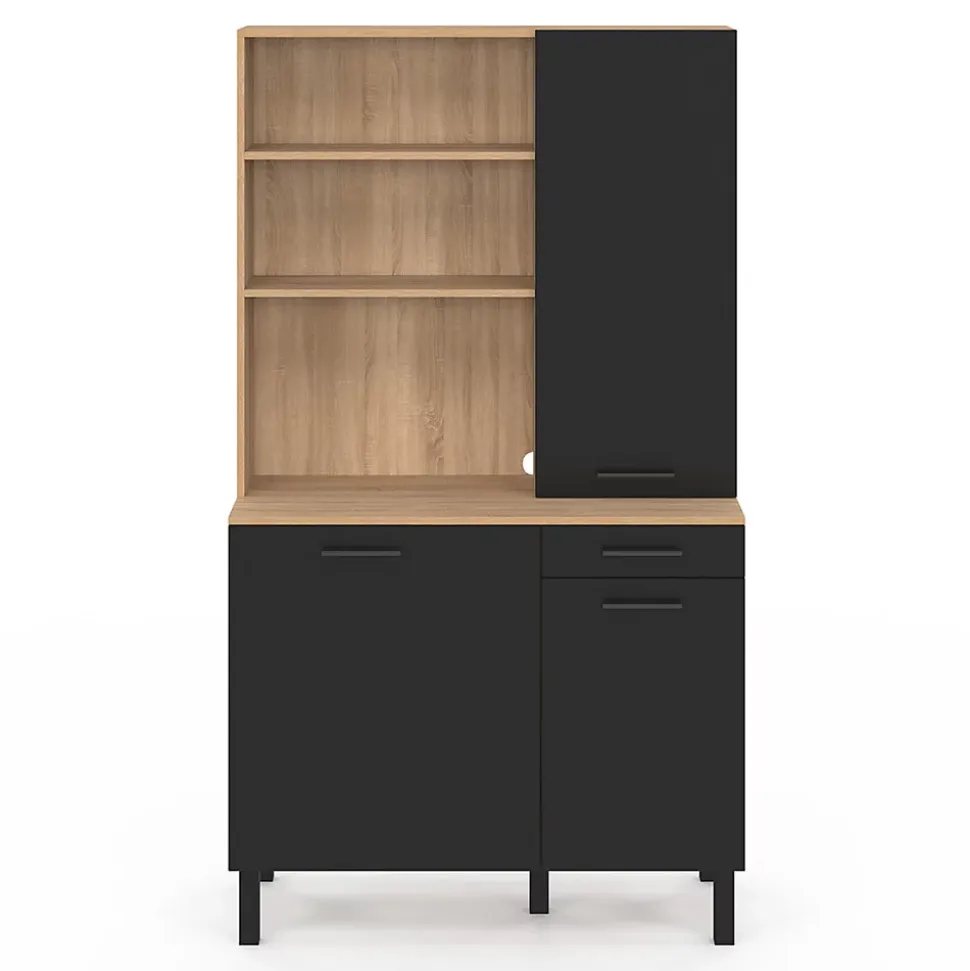 Buffet de cuisine avec colonne de rangement 100 CM CINA 3 portes + tiroir façon hêtre et noir