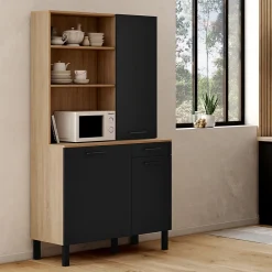 Buffet de cuisine avec colonne de rangement 100 CM CINA 3 portes + tiroir façon hêtre et noir