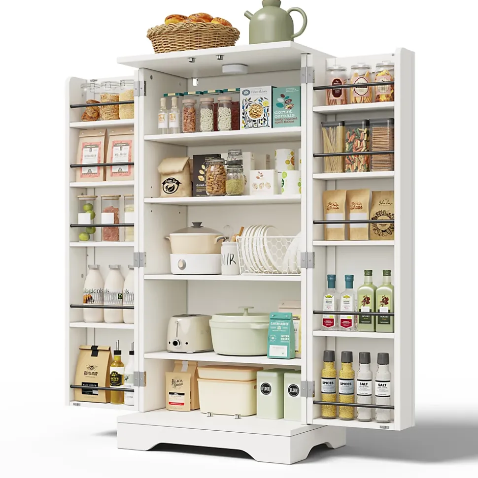 Buffet de Cuisine avec LED Détecteur, 2 Portes avec Étagères Réglables et Supports de Portes - Blanc - 120x60x40 cm