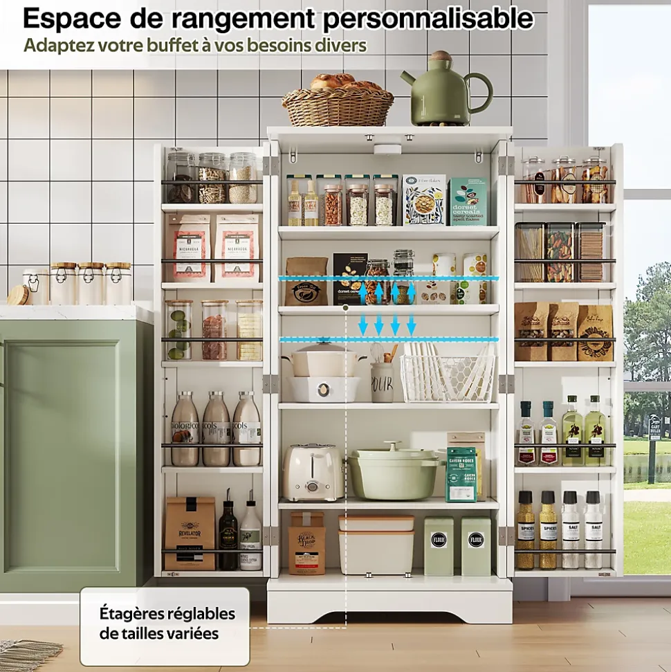 Buffet de Cuisine avec LED Détecteur, 2 Portes avec Étagères Réglables et Supports de Portes - Blanc - 120x60x40 cm