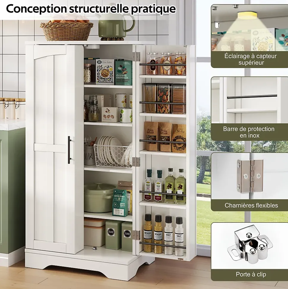 Buffet de Cuisine avec LED Détecteur, 2 Portes avec Étagères Réglables et Supports de Portes - Blanc - 120x60x40 cm