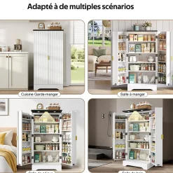 Buffet de Cuisine avec Portes et Étagères Réglables, Meuble de Cuisine avec Éclairage LED - Blanc - 60,5x40x120 cm