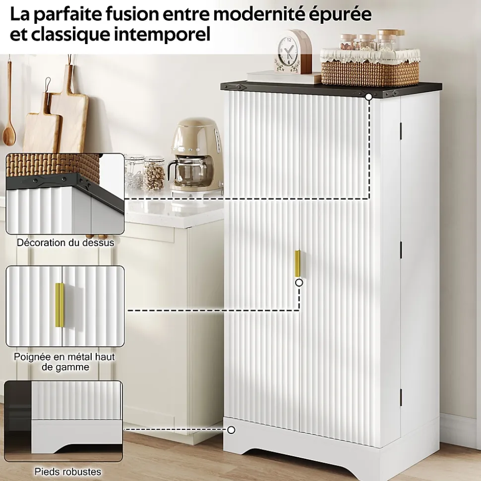 Buffet de Cuisine avec Portes et Étagères Réglables, Meuble de Cuisine avec Éclairage LED - Blanc - 60,5x40x120 cm