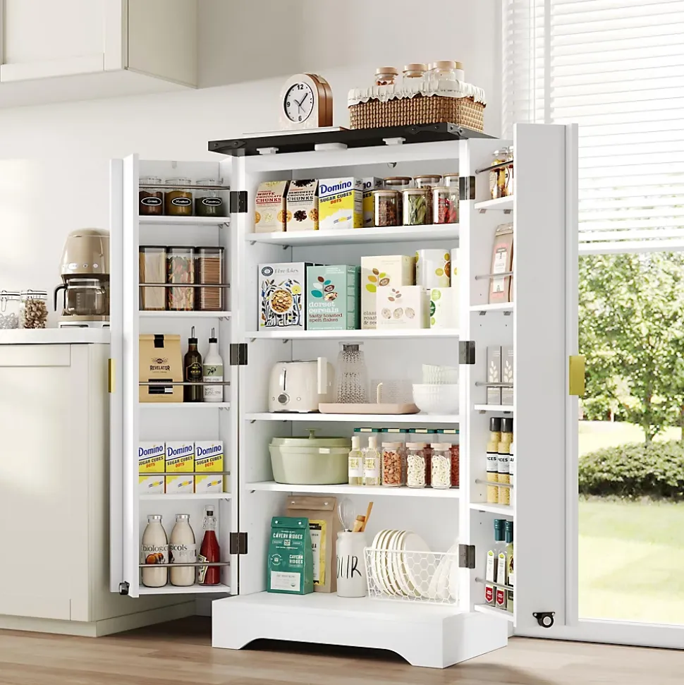 Buffet de Cuisine avec Portes et Étagères Réglables, Meuble de Cuisine avec Éclairage LED - Blanc - 60,5x40x120 cm