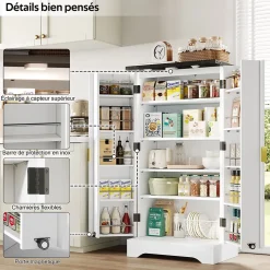 Buffet de Cuisine avec Portes et Étagères Réglables, Meuble de Cuisine avec Éclairage LED - Blanc - 60,5x40x120 cm