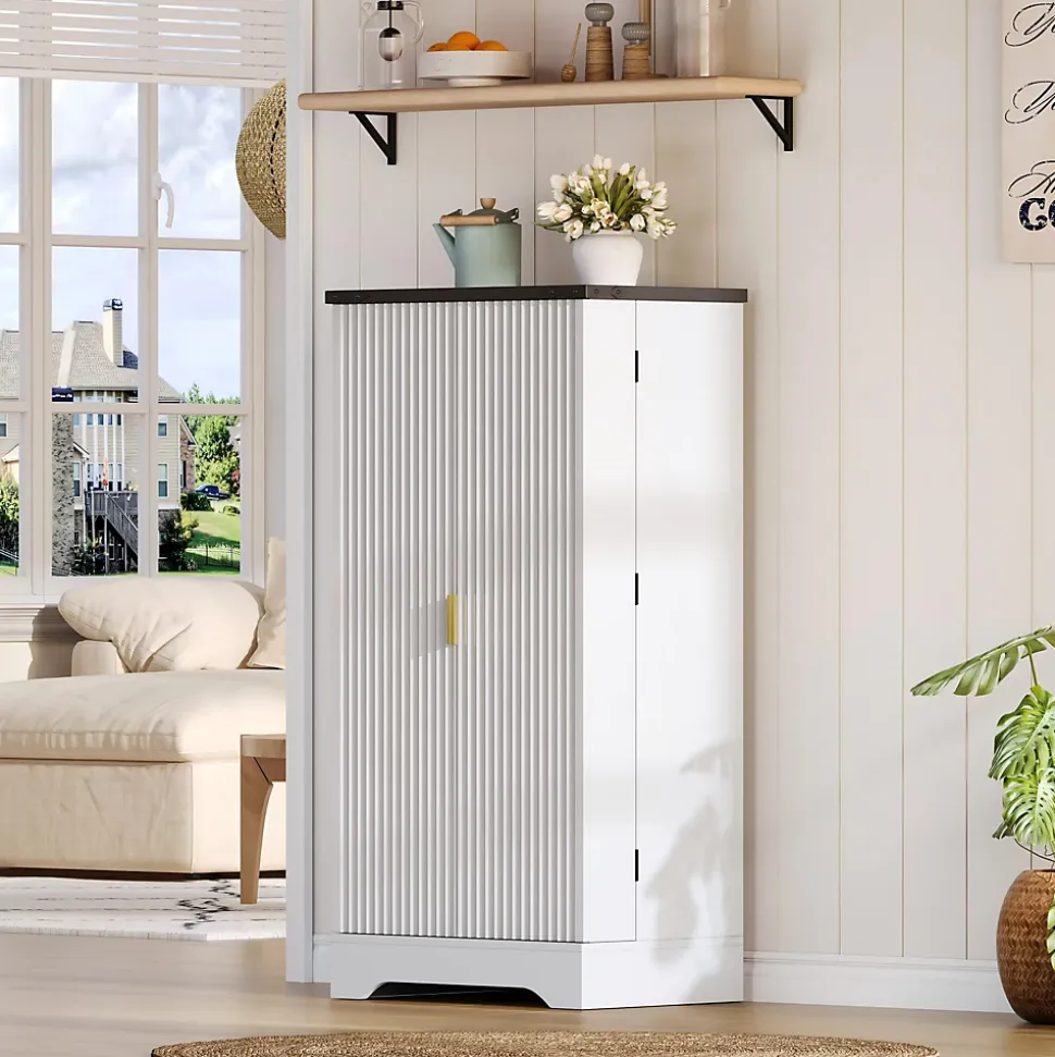 Buffet de Cuisine avec Portes et Étagères Réglables, Meuble de Cuisine avec Éclairage LED - Blanc - 60,5x40x120 cm