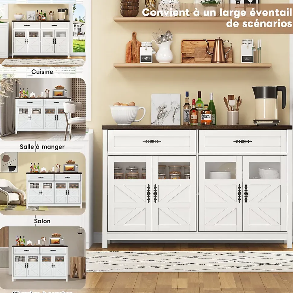 Buffet de Cuisine avec Rangement, 4 Portes et 2 Tiroirs Spacieux, Meuble pour Salle à Manger en MDF 140x39x90 cm - Blanc