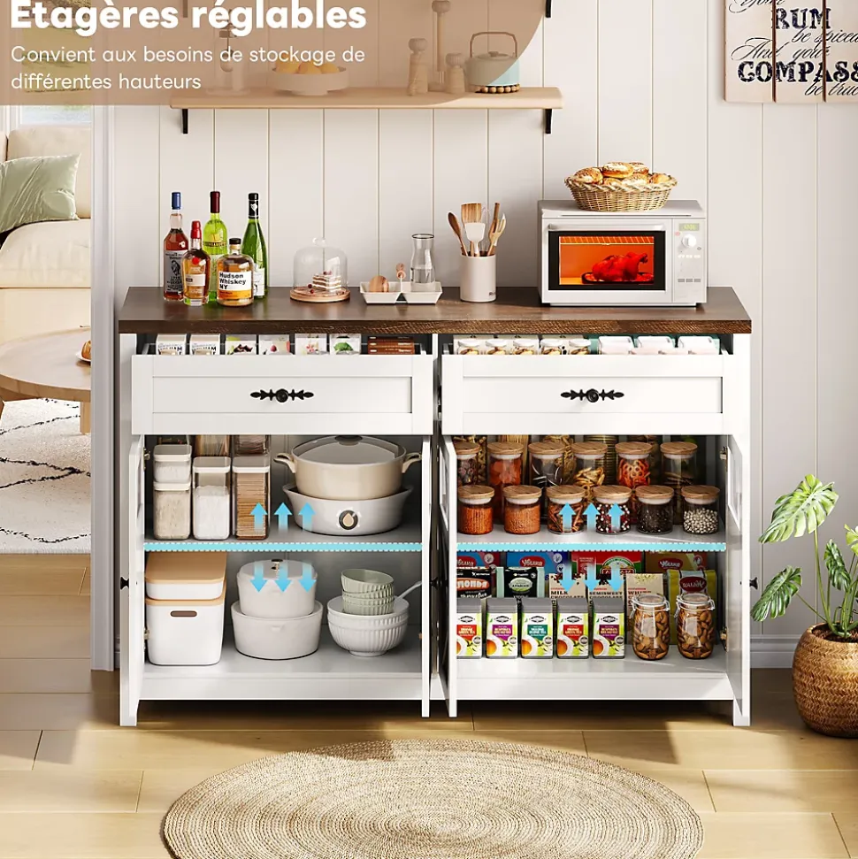 Buffet de Cuisine avec Rangement, 4 Portes et 2 Tiroirs Spacieux, Meuble pour Salle à Manger en MDF 140x39x90 cm - Blanc