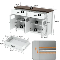 Buffet de Cuisine avec Rangement, 4 Portes et 2 Tiroirs Spacieux, Meuble pour Salle à Manger en MDF 140x39x90 cm - Blanc