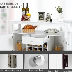 Buffet de Cuisine avec Support Amovible de Rangement pour 12 Bouteilles Etagere Tiroir Portes de Rangement Meuble de Bar