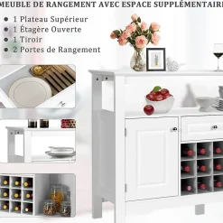 Buffet de Cuisine avec Support Amovible de Rangement pour 12 Bouteilles Etagere Tiroir Portes de Rangement Meuble de Bar