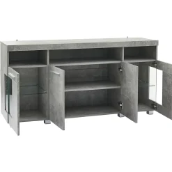 Buffet de Cuisine Bar avec 3 Compartiments et LED - Meuble Salon Moderne MDF et Verre Trempé, Gris Ciment - 140x40x70 cm