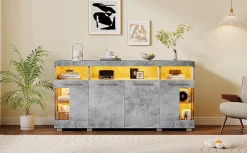 Buffet de Cuisine Bar avec 3 Compartiments et LED - Meuble Salon Moderne MDF et Verre Trempé, Gris Ciment - 140x40x70 cm