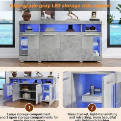 Buffet de Cuisine Bar avec 3 Compartiments et LED - Meuble Salon Moderne MDF et Verre Trempé, Gris Ciment - 140x40x70 cm