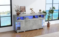 Buffet de Cuisine Bar avec 3 Compartiments et LED - Meuble Salon Moderne MDF et Verre Trempé, Gris Ciment - 140x40x70 cm