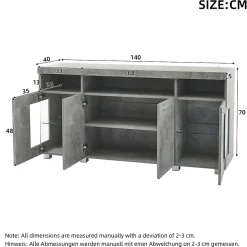 Buffet de Cuisine Bar avec 3 Compartiments et LED - Meuble Salon Moderne MDF et Verre Trempé, Gris Ciment - 140x40x70 cm