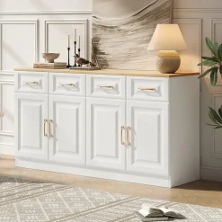 Buffet de Cuisine Bar avec 4 Tiroirs et 4 Portes Coulissantes, Rangement Style Ferme Moderne, Blanc et Chêne - 140x40x75 cm