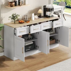 Buffet de Cuisine Bar avec 4 Tiroirs et 4 Portes Coulissantes, Rangement Style Ferme Moderne, Blanc et Chêne - 140x40x75 cm