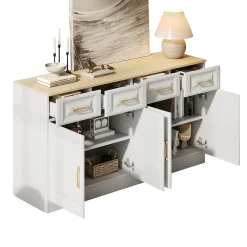 Buffet de Cuisine Bar avec 4 Tiroirs et 4 Portes Coulissantes, Rangement Style Ferme Moderne, Blanc et Chêne - 140x40x75 cm