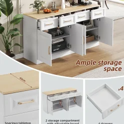 Buffet de Cuisine Bar avec 4 Tiroirs et 4 Portes Coulissantes, Rangement Style Ferme Moderne, Blanc et Chêne - 140x40x75 cm